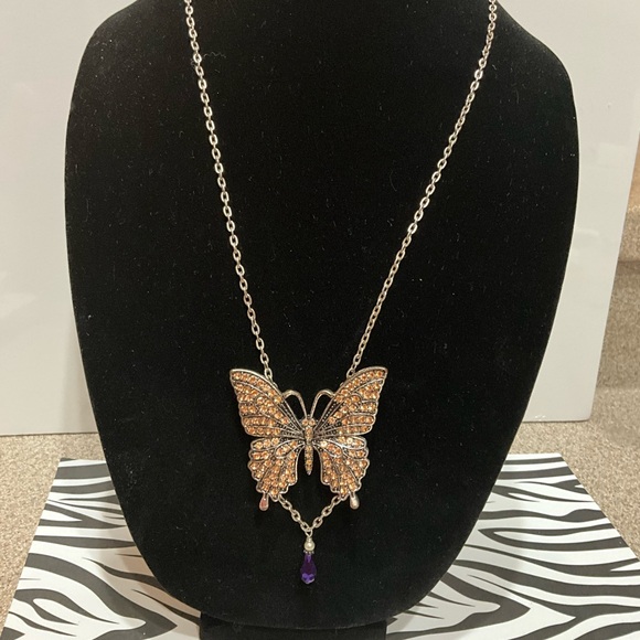 Fancy butterfly pendant. Amber stones. Purple drop at bottom. Beautiful. - Picture 2 of 2